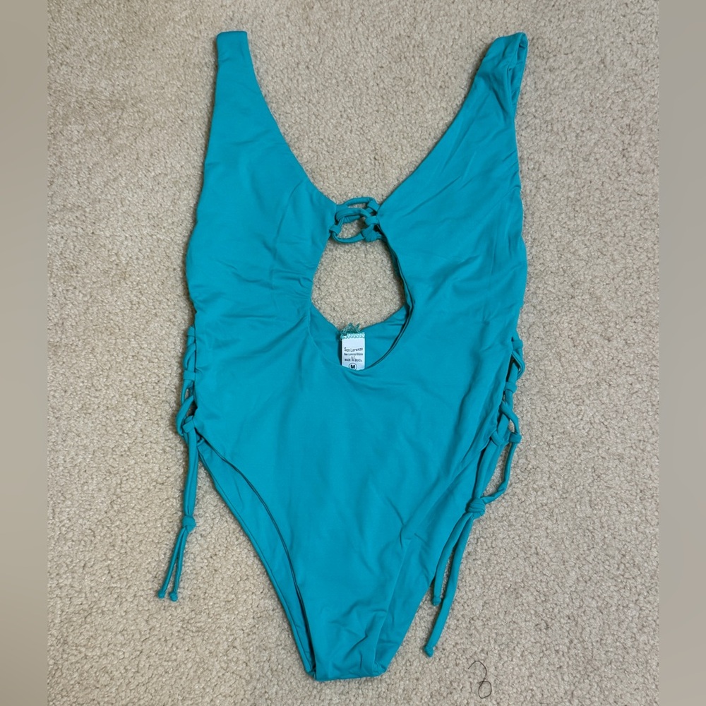 SAN LORENZO Moorea Azure Teal Lace Up Keyhole One Piece